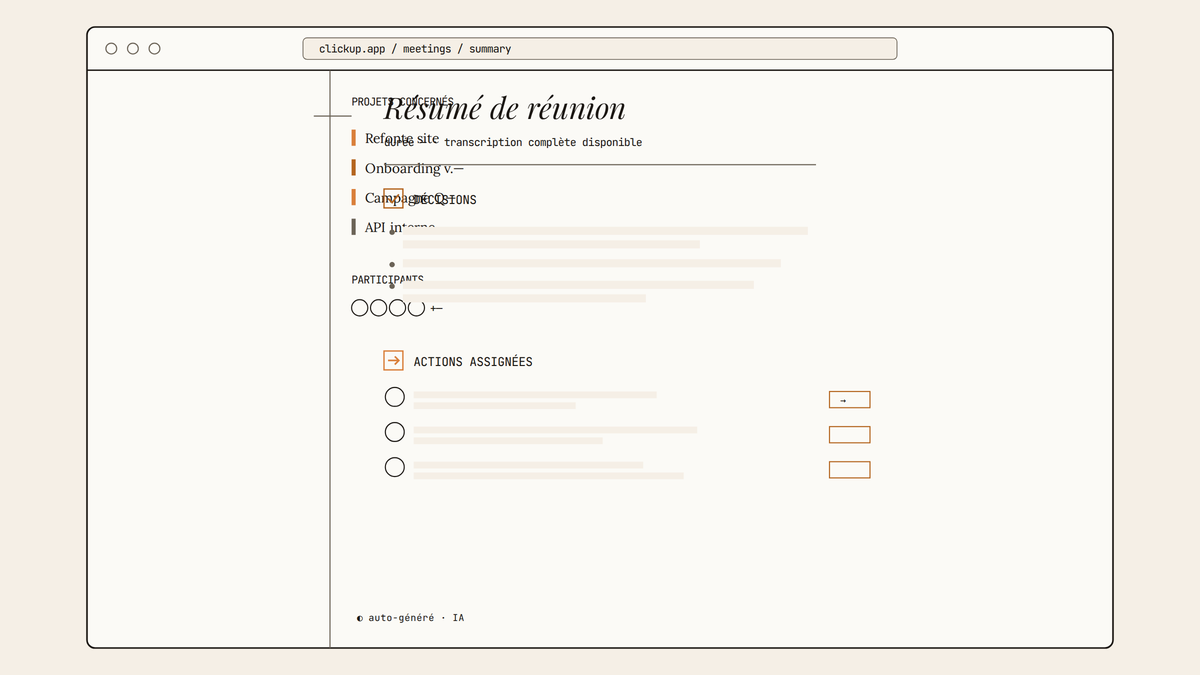 Maquette au trait d'une page de résumé de réunion automatique dans ClickUp 4.0
