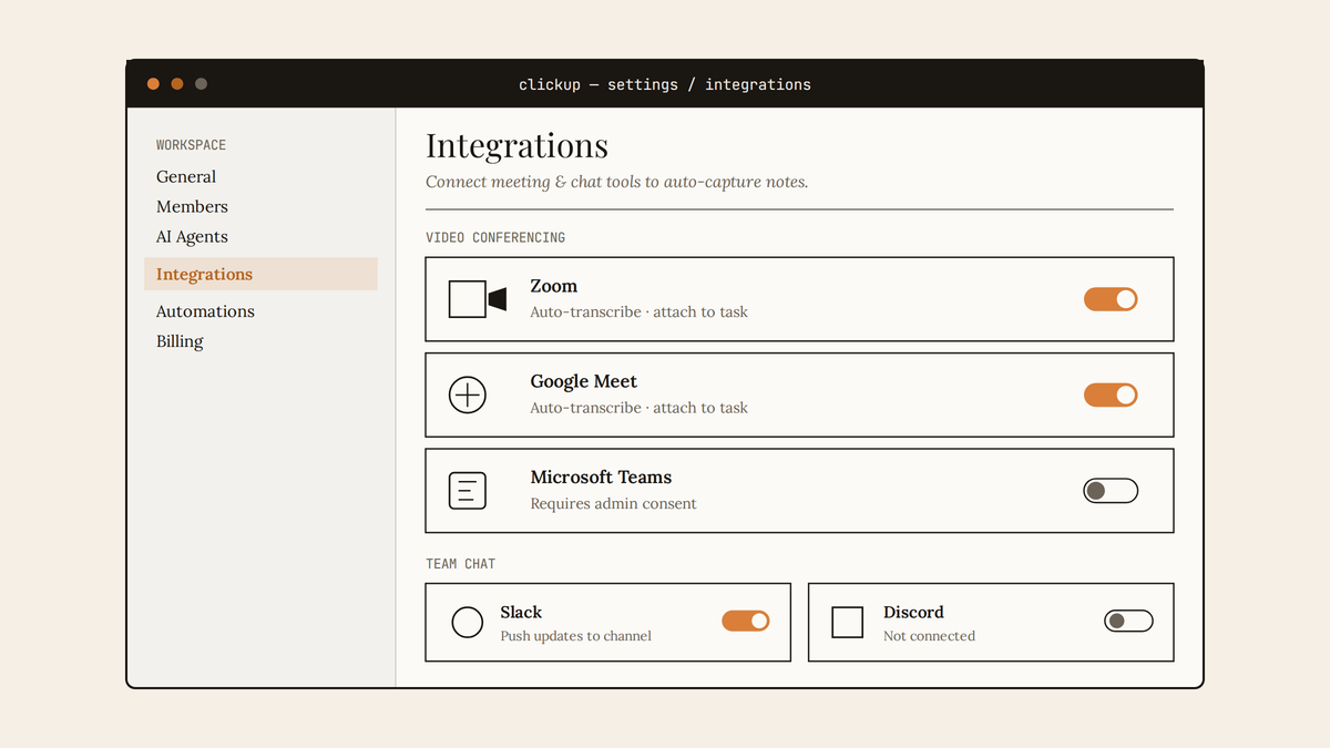 Maquette au trait de la page Intégrations de ClickUp 4.0, listant des outils de visioconférence et de chat avec des toggles d'activation.