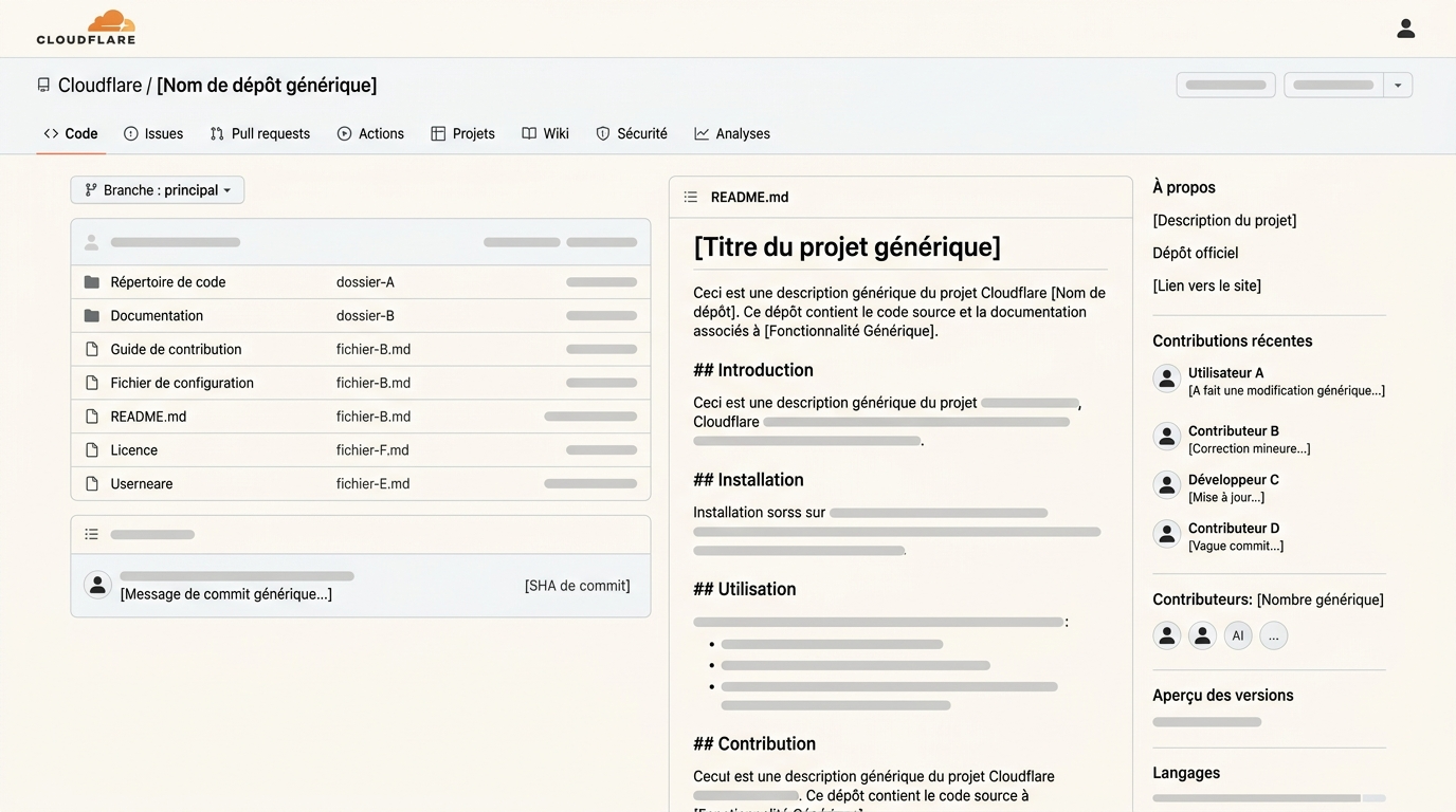 vue du dépôt GitHub avec la liste des répertoires du projet, le README visible, et les contributions récentes dans la colonne de droite