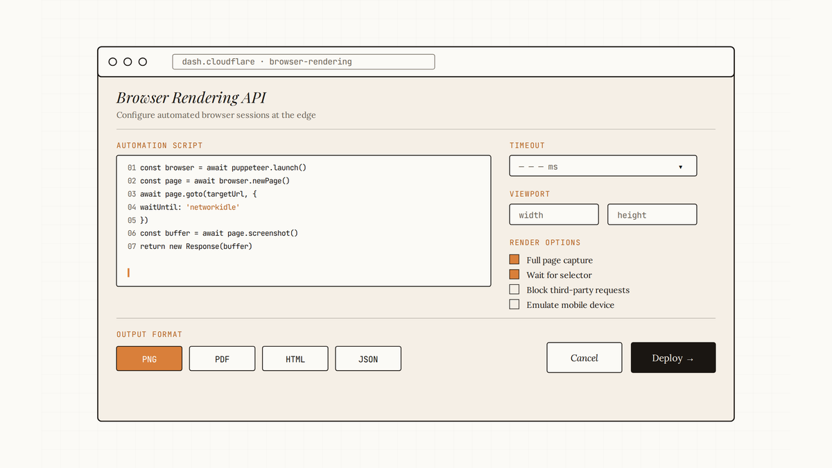 Maquette au trait d'une interface Cloudflare Browser Rendering API avec éditeur de script, champs timeout, viewport et options de rendu
