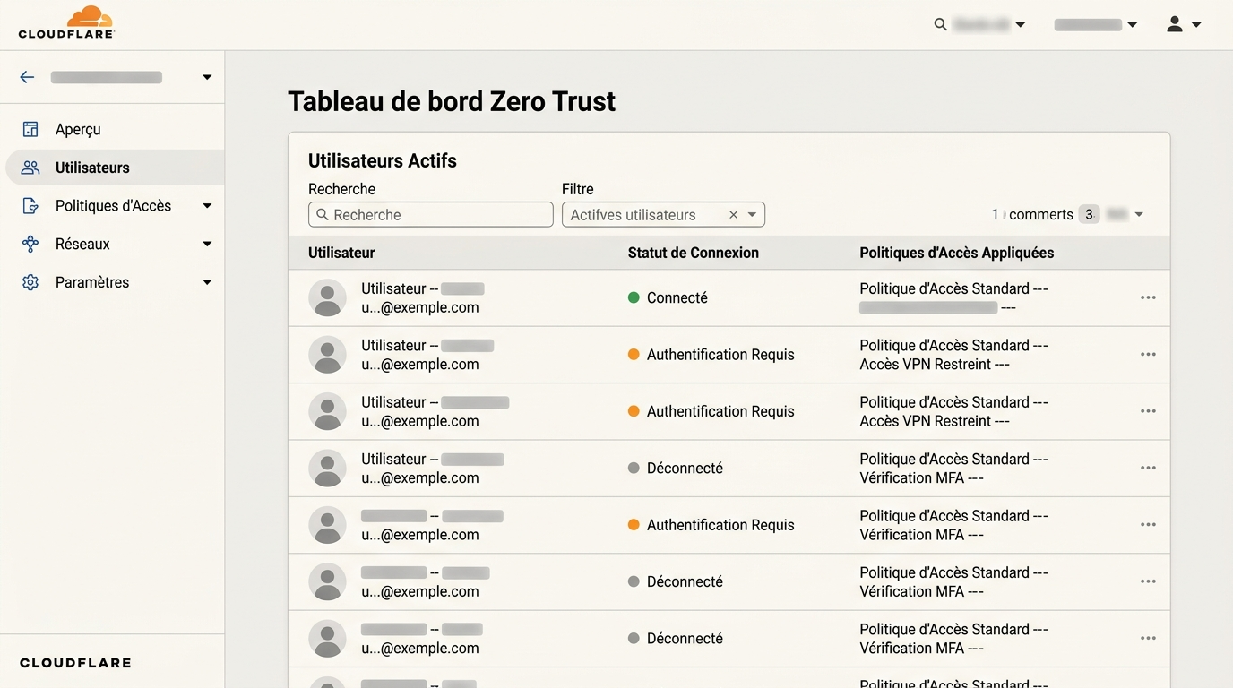 tableau de bord Zero Trust montrant une liste d'utilisateurs actifs avec statut de connexion et politiques d'accès appliquées, sans chiffres lisibles