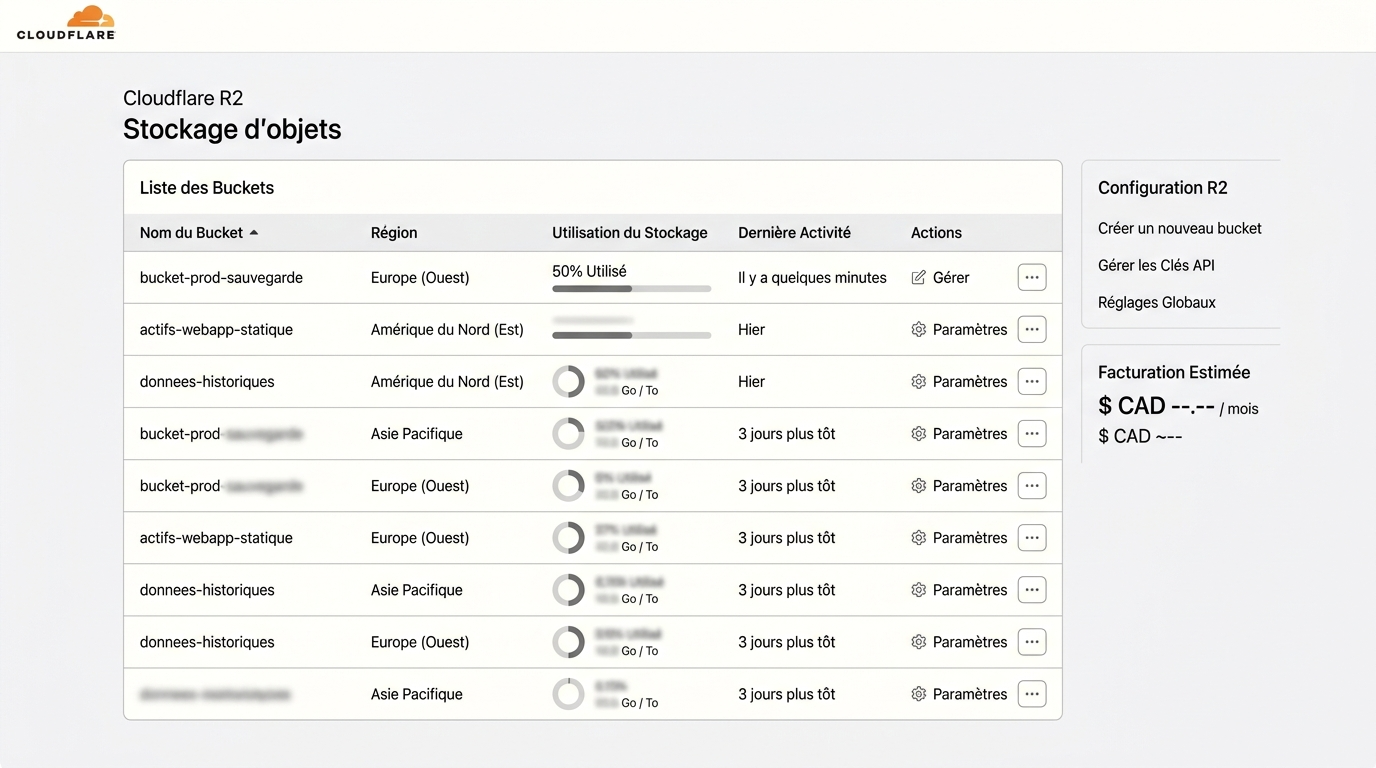 tableau de bord R2 montrant une liste de buckets avec indicateurs d'utilisation, options de région et menu de configuration, sans chiffres lisibles