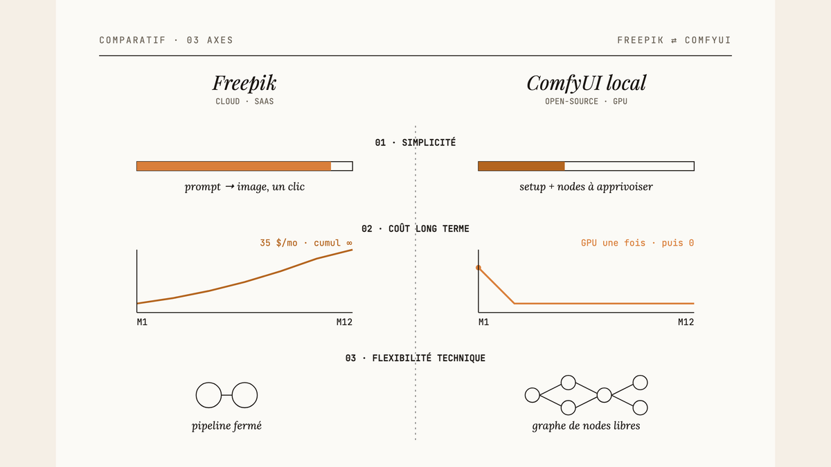 Diagramme comparatif Freepik contre ComfyUI local sur trois axes : simplicité d'usage, coût long terme et flexibilité technique.