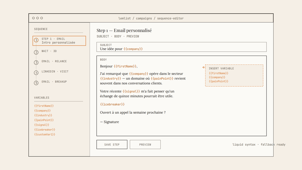 Maquette au trait de l'éditeur de séquence lemlist avec une étape email ouverte et variables de personnalisation dynamique.