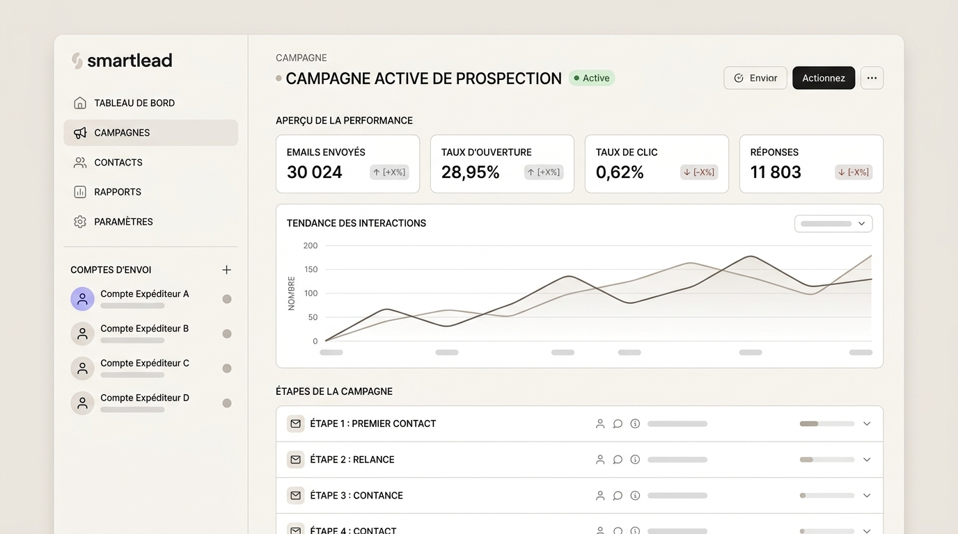 interface de gestion de campagnes avec plusieurs comptes d'envoi listés dans le panneau gauche et les statistiques d'une campagne active visible à droite