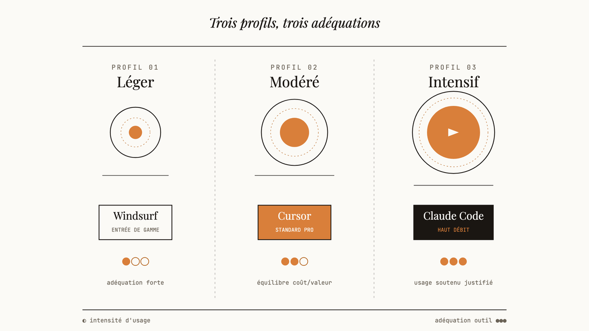 Diagramme éditorial à trois colonnes comparant les profils d'usage léger, modéré et intensif, avec pour chacun un disque d'intensité croissante et l'outil le mieux adapté.
