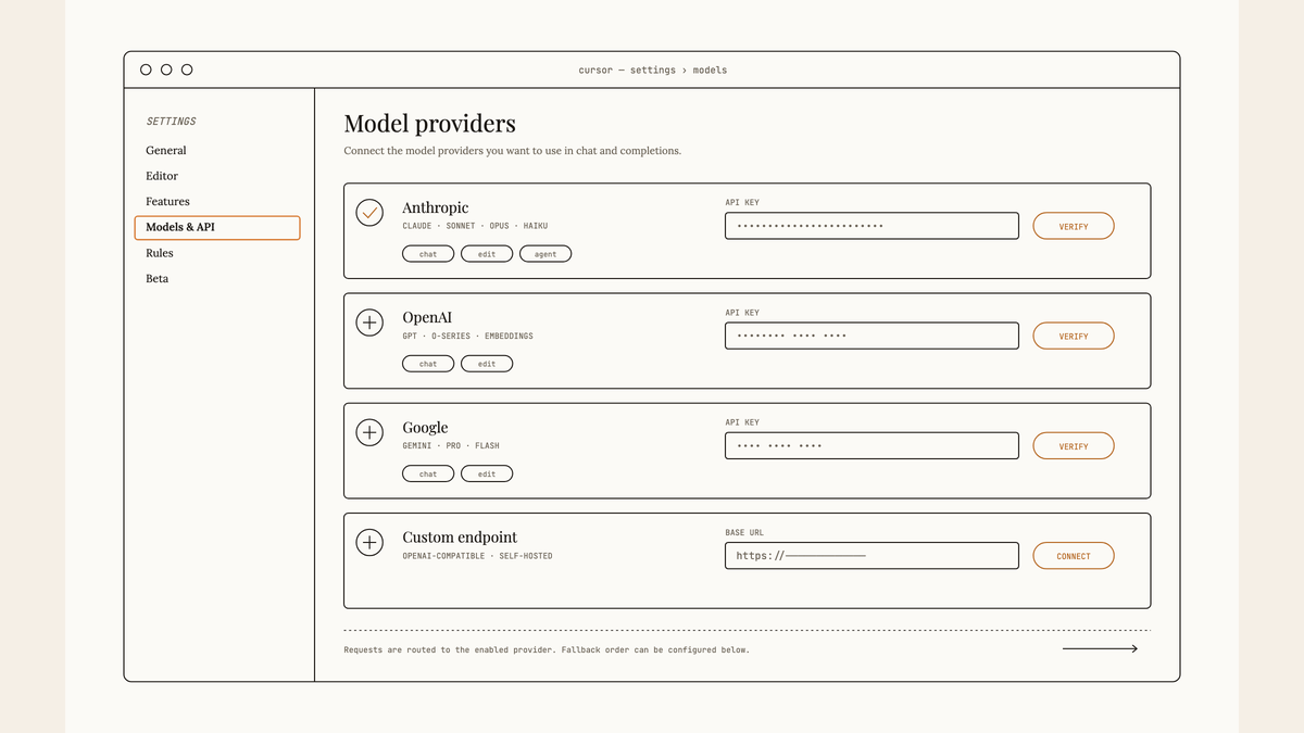 Maquette au trait de la fenêtre de paramètres d'intégration API de Cursor listant plusieurs fournisseurs de modèles avec champs de clés masqués.