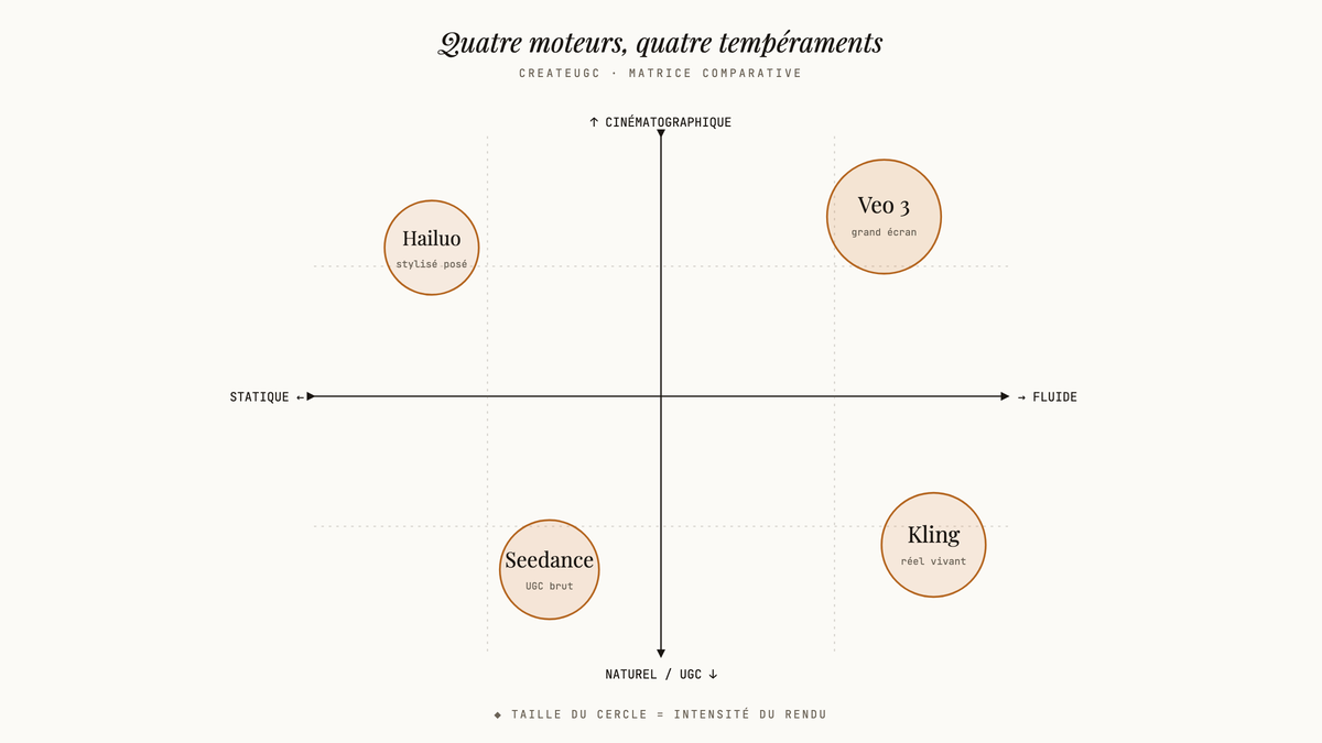 Matrice comparative des quatre moteurs vidéo IA de CreateUGC positionnés sur deux axes : cinématographique/naturel et statique/fluide.