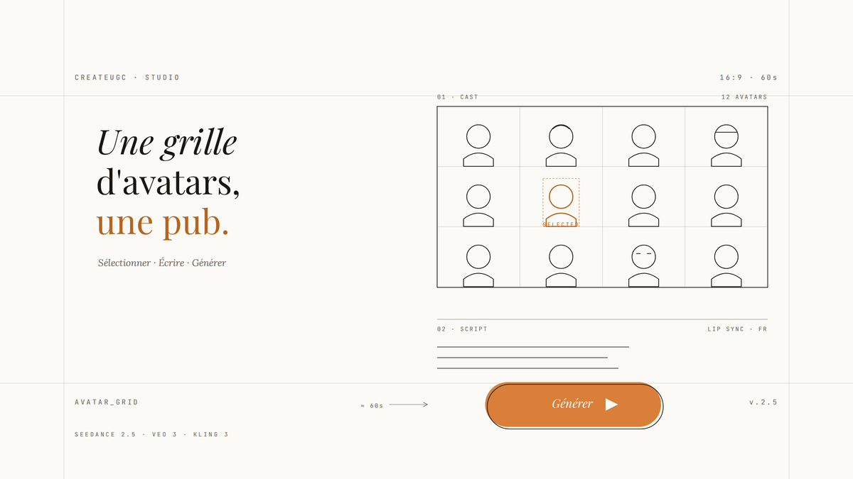 Illustration éditoriale d'une interface CreateUGC : grille de douze avatars stylisés au trait, l'un sélectionné en ambre, panneau de script à droite et bouton Générer proéminent.