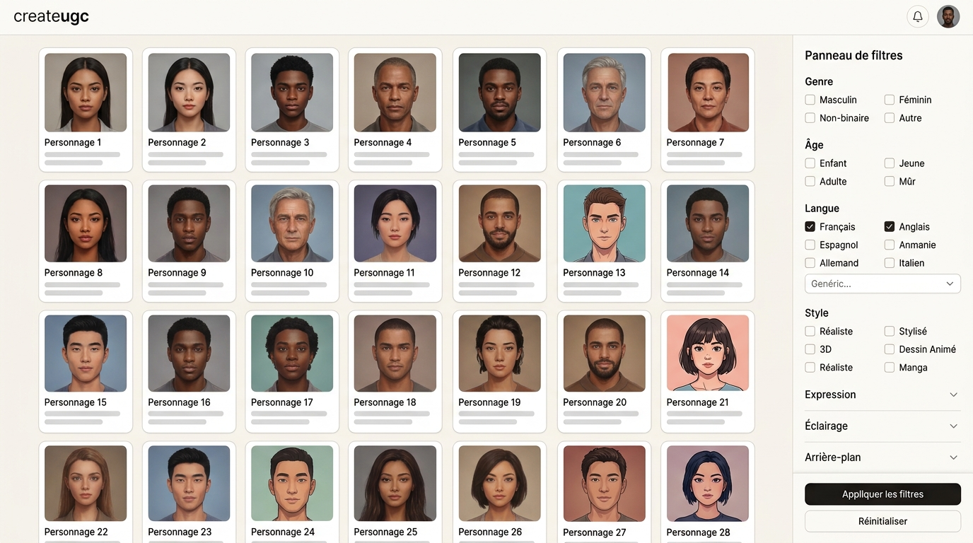 grille d'avatars filtrables avec prévisualisations de visages divers, panneau de filtres latéral par genre, âge, langue et style
