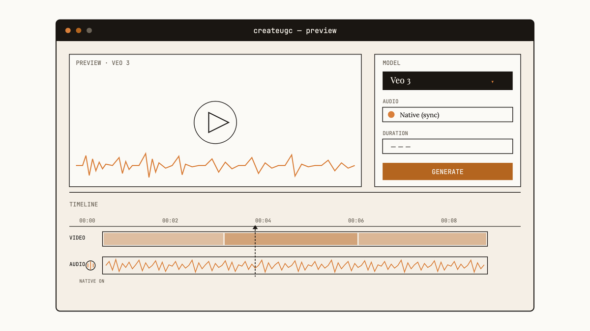 Maquette au trait de l'interface createugc avec timeline vidéo/audio et waveform Veo 3 active.