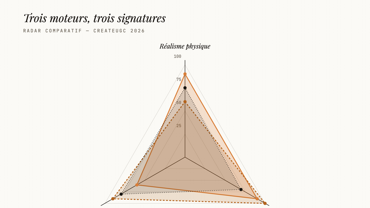Diagramme radar à trois axes comparant Seedance 2.5, Veo 3 et Kling 3 sur le réalisme physique, la qualité audio et la cohérence temporelle.