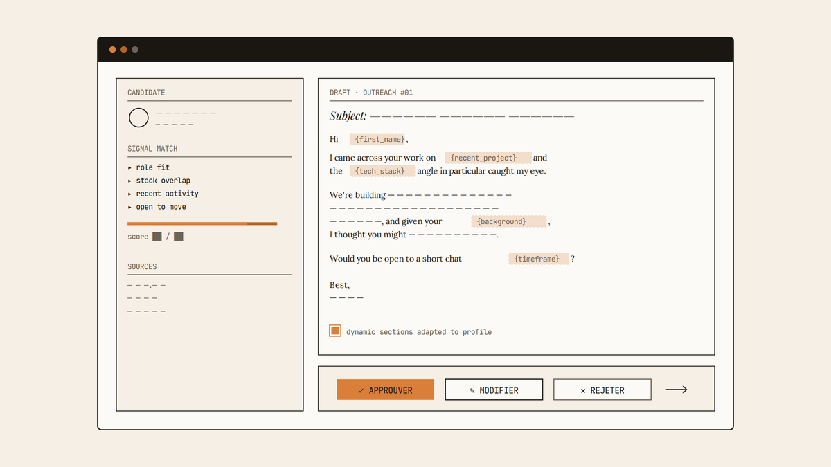 Maquette d'interface Crustdata Recruiter montrant un brouillon d'outreach avec variables dynamiques surlignées et boutons approuver, modifier, rejeter.