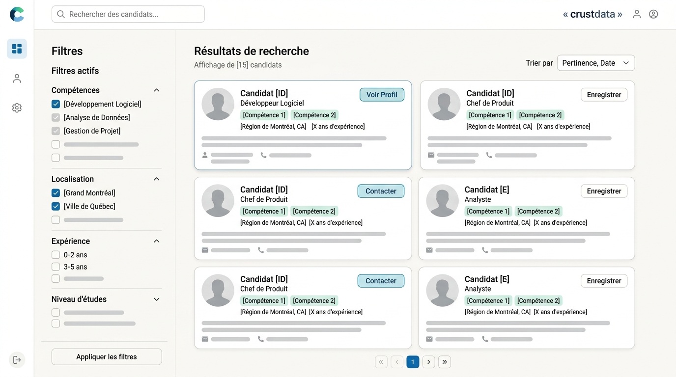 interface de recherche de candidats avec filtres actifs sur des critères de compétences et localisation, liste de résultats à droite