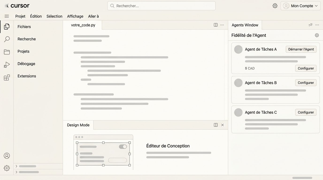 vue d'ensemble de l'interface Cursor 3.0 montrant l'Agents Window active avec plusieurs agents listés à droite, le Design Mode ouvert en bas avec un composant visuel, et l'éditeur de code principal au centre
