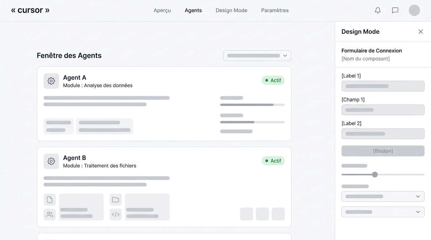 vue de l'Agents Window avec deux agents actifs sur des modules différents, et le panneau Design Mode ouvert sur un composant de formulaire de connexion en cours d'édition visuelle