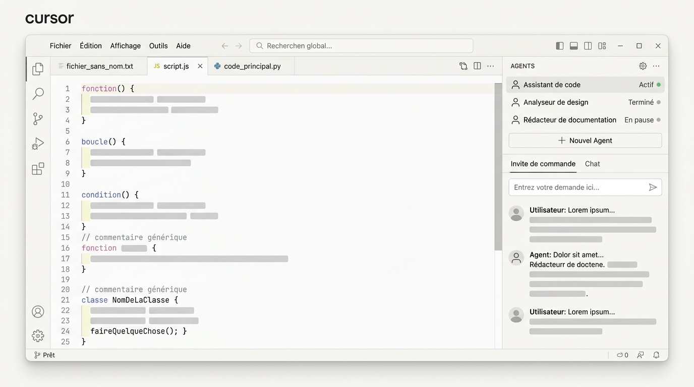l'interface Cursor 3 avec la nouvelle fenêtre d'agents ouverte à côté du code