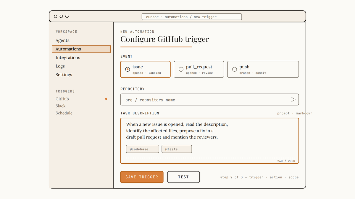 Maquette au trait du panneau Cursor Automations configurant un déclencheur GitHub, avec les événements issue, pull_request et push et un champ de description de tâche.