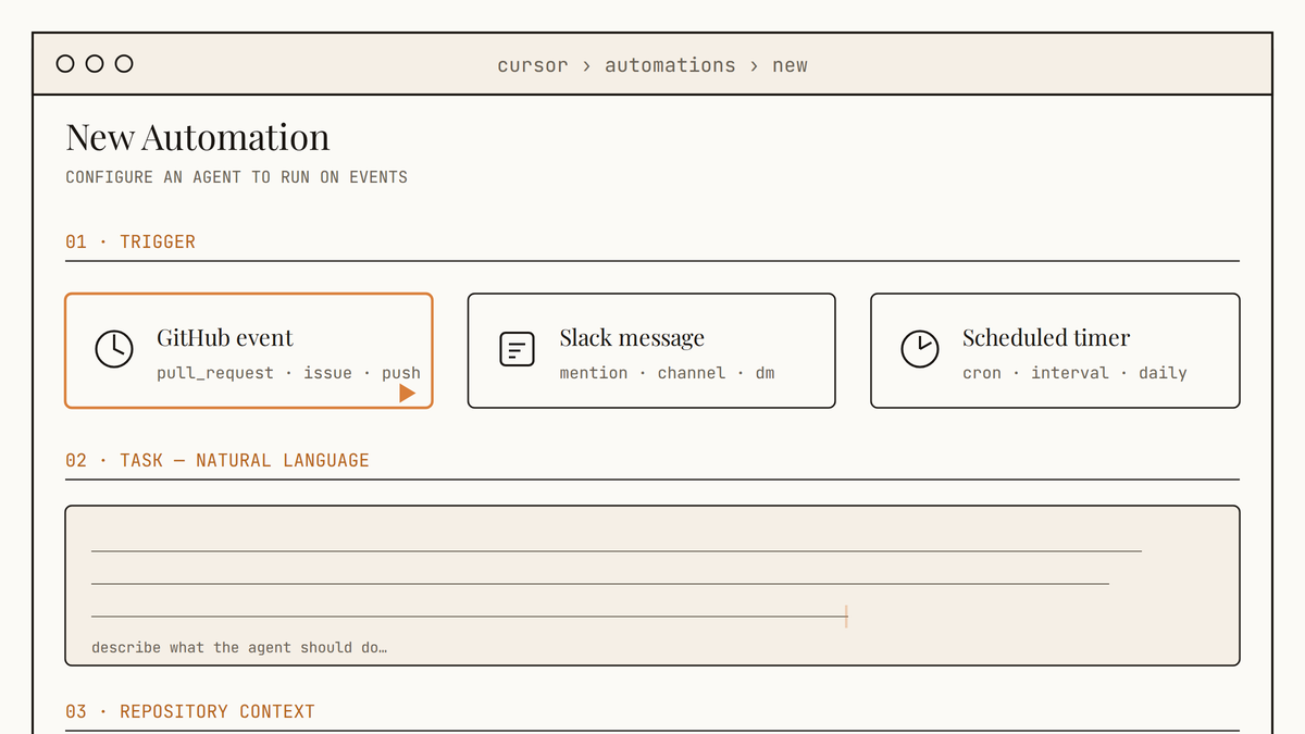 Maquette au trait de l'écran de création d'une nouvelle automatisation dans Cursor, avec les sections déclencheur, description de tâche et contexte du dépôt.