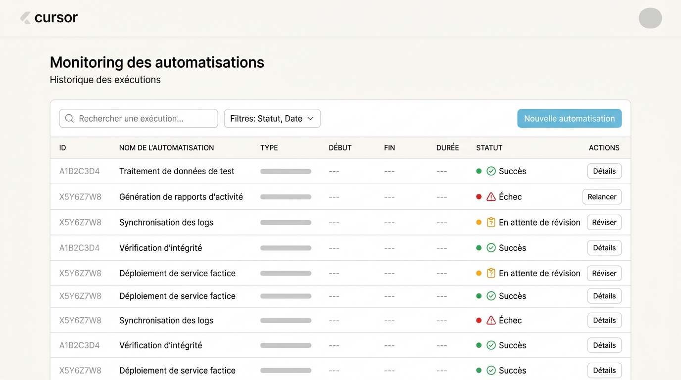 panneau de monitoring des automatisations dans Cursor, affichant un historique des exécutions avec leur statut (succès, échec, en attente de révision)