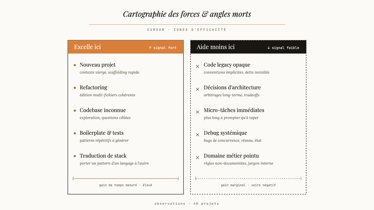 Tableau comparatif en deux colonnes des zones où Cursor excelle et où il aide moins, avec cas d'usage annotés.