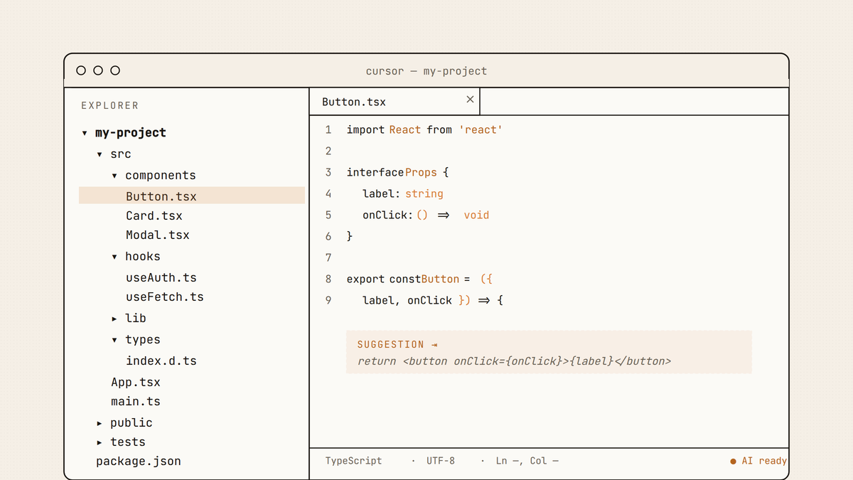 Maquette au trait de l'IDE Cursor montrant l'explorateur de fichiers d'un projet TypeScript avec dossiers src, components, hooks et un éditeur affichant Button.tsx avec une suggestion IA.