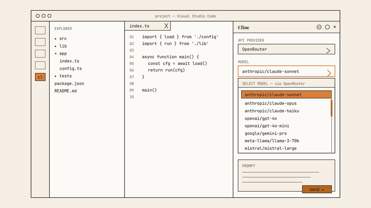 Maquette au trait de l'extension Cline dans VS Code : panneau latéral droit affichant un sélecteur de modèle ouvert avec une liste de modèles disponibles via OpenRouter.