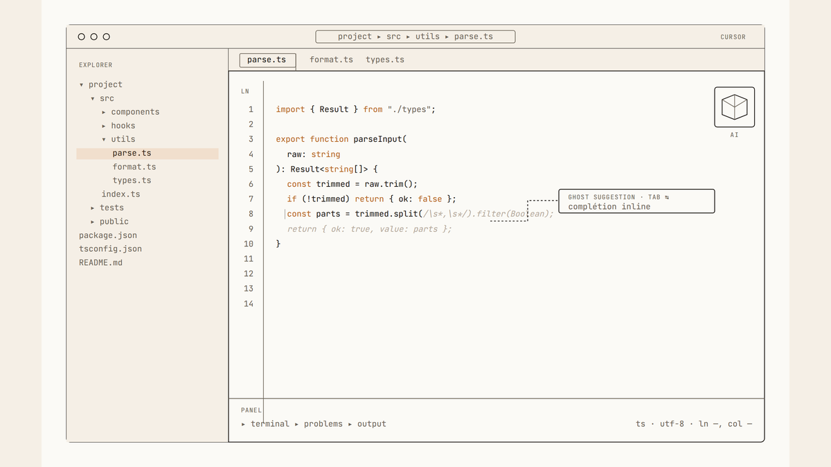 Maquette au trait de l'éditeur Cursor : arborescence de fichiers à gauche, code TypeScript au centre avec une suggestion de complétion inline en gris pâle apparaissant au milieu d'une fonction.