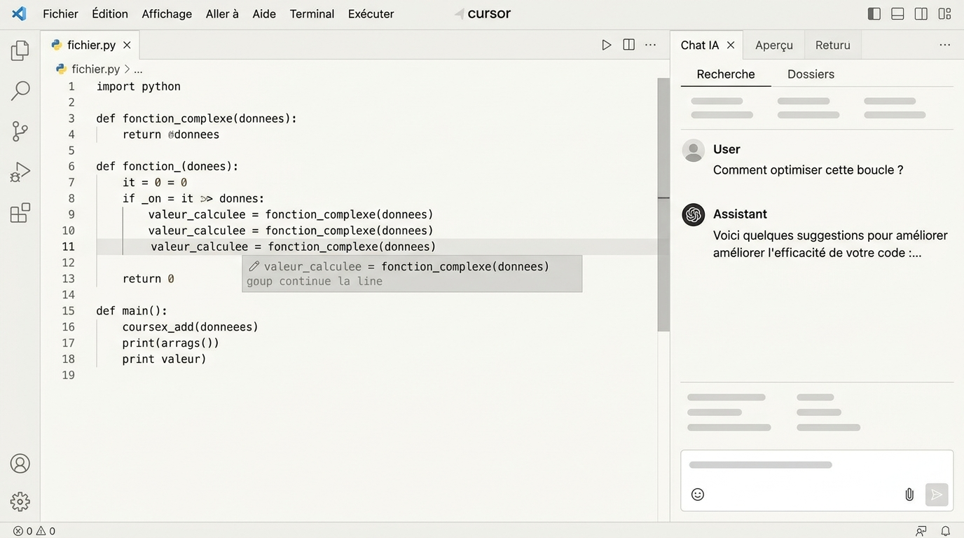 interface de l'éditeur Cursor avec le panneau de chat IA ouvert à droite, montrant une complétion de code en cours dans un fichier Python, sans texte lisible dans les cellules de prix ou de quota