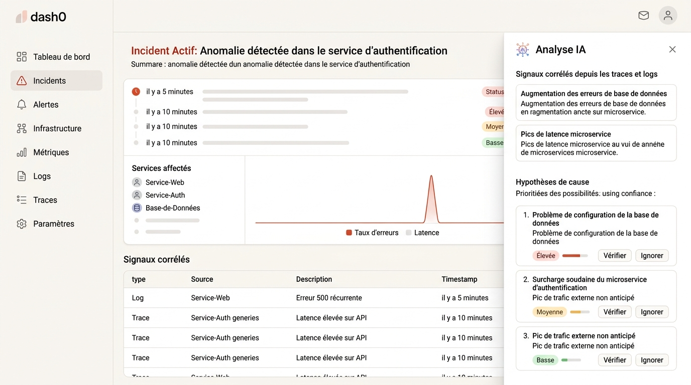 vue d'un incident actif avec panneau latéral d'analyse IA montrant des signaux corrélés depuis des traces et des logs, hypothèses de cause affichées en liste priorisée