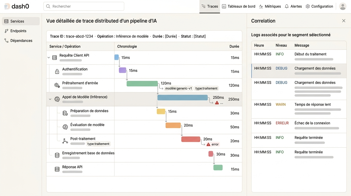 vue d'une trace distribuée sur un pipeline IA avec plusieurs spans annotés, latences visibles par segment, panneau de corrélation avec les logs associés ouvert à droite