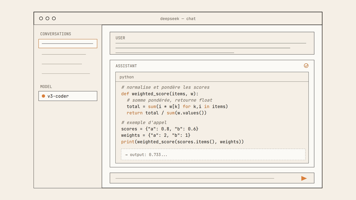 Maquette au trait d'une interface de chat DeepSeek avec réponse de code Python annotée