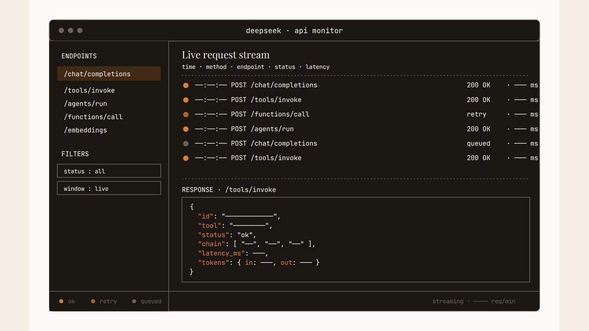 Maquette au trait d'une console de monitoring d'API DeepSeek en interface sombre, avec liste d'endpoints, flux de requêtes horodatées, indicateurs d'état colorés et bloc JSON de réponse, sans valeurs lisibles.