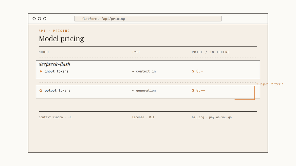 Maquette au trait d'une interface API DeepSeek affichant une grille tarifaire avec deux lignes distinctes : prix des tokens d'entrée et prix des tokens de sortie.