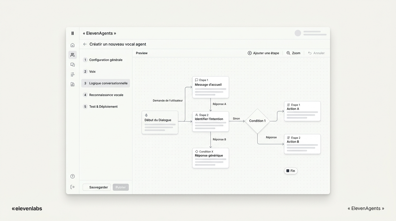 tableau de bord ElevenAgents montrant la création d'un agent vocal avec les onglets voix, logique conversationnelle et reconnaissance vocale visibles à gauche, et un aperçu de flux conversationnel au centre