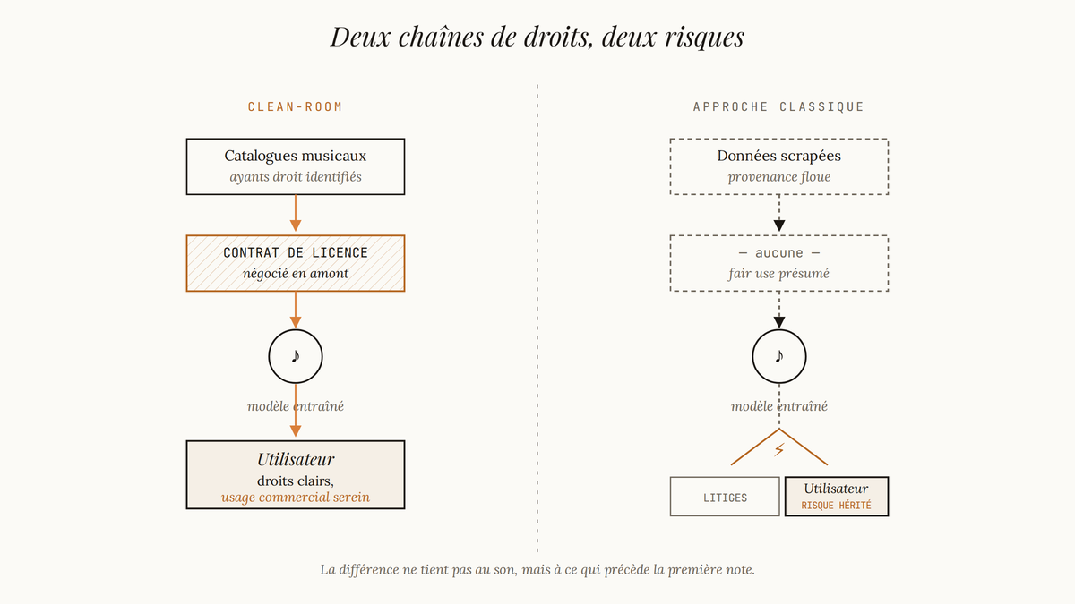 Diagramme comparatif en deux colonnes opposant la chaîne clean-room à licences négociées et la chaîne classique sans licence, avec le risque juridique transmis à l'utilisateur.