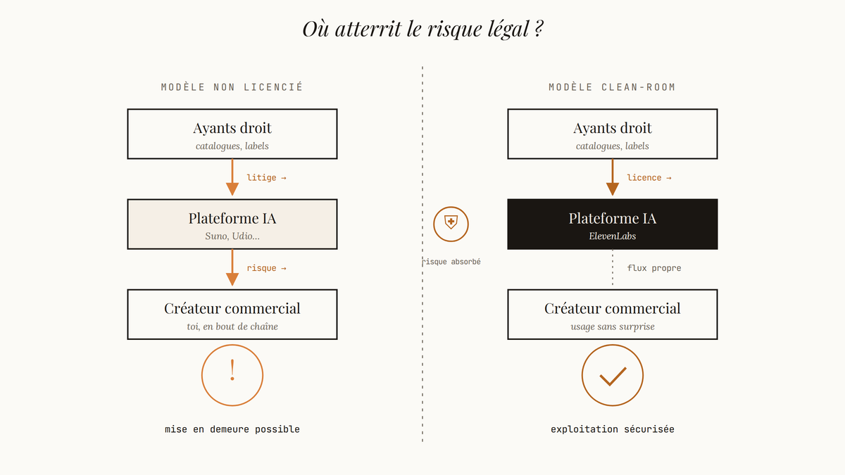 Schéma en deux colonnes comparant le trajet du risque légal dans un modèle IA non licencié et dans un modèle clean-room licencié.