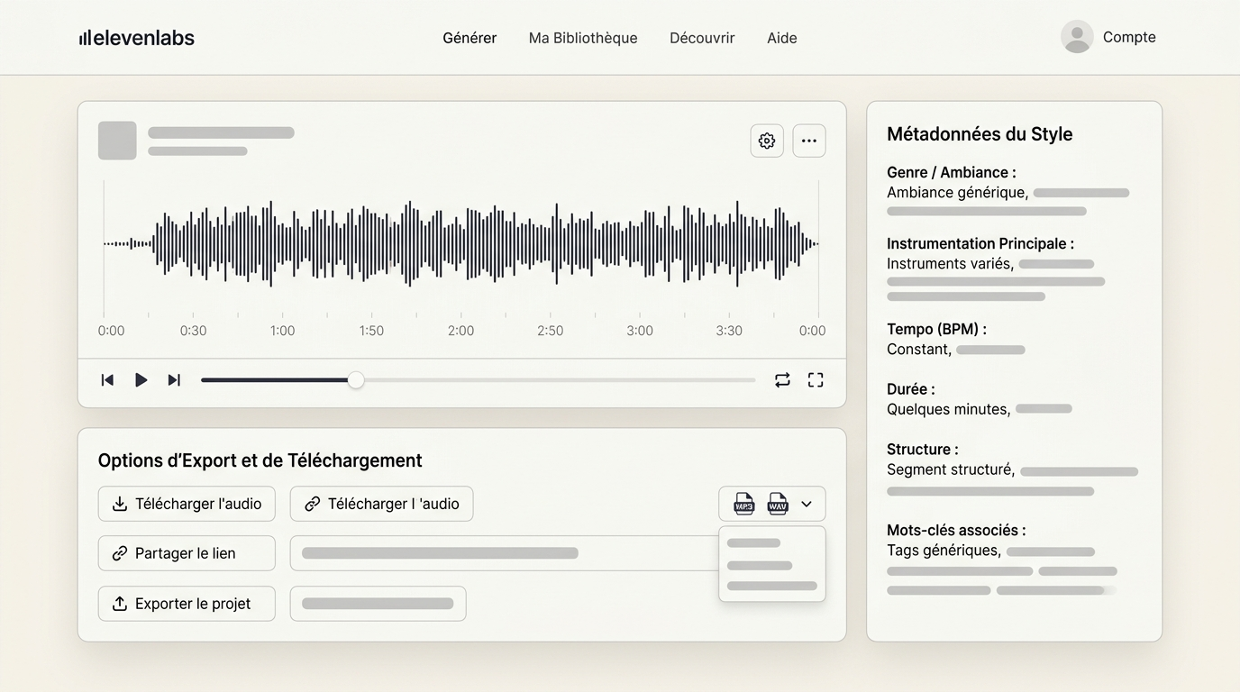 résultat d'une génération musicale avec la forme d'onde audio affichée, les métadonnées du style généré, et les options d'export et de téléchargement