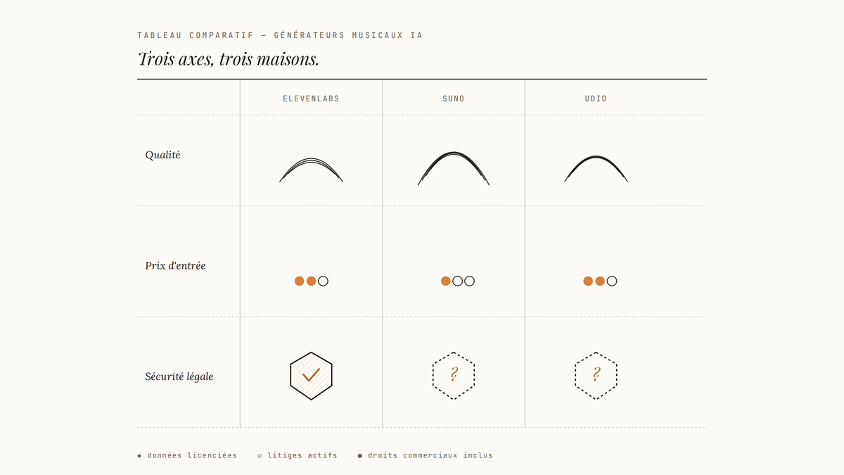 Tableau comparatif éditorial en trois lignes (qualité, prix d'entrée, sécurité légale) et trois colonnes (ElevenLabs, Suno, Udio), avec ondes sonores stylisées, pastilles pleines ou vides et boucliers hachurés ou pointillés d'interrogation.