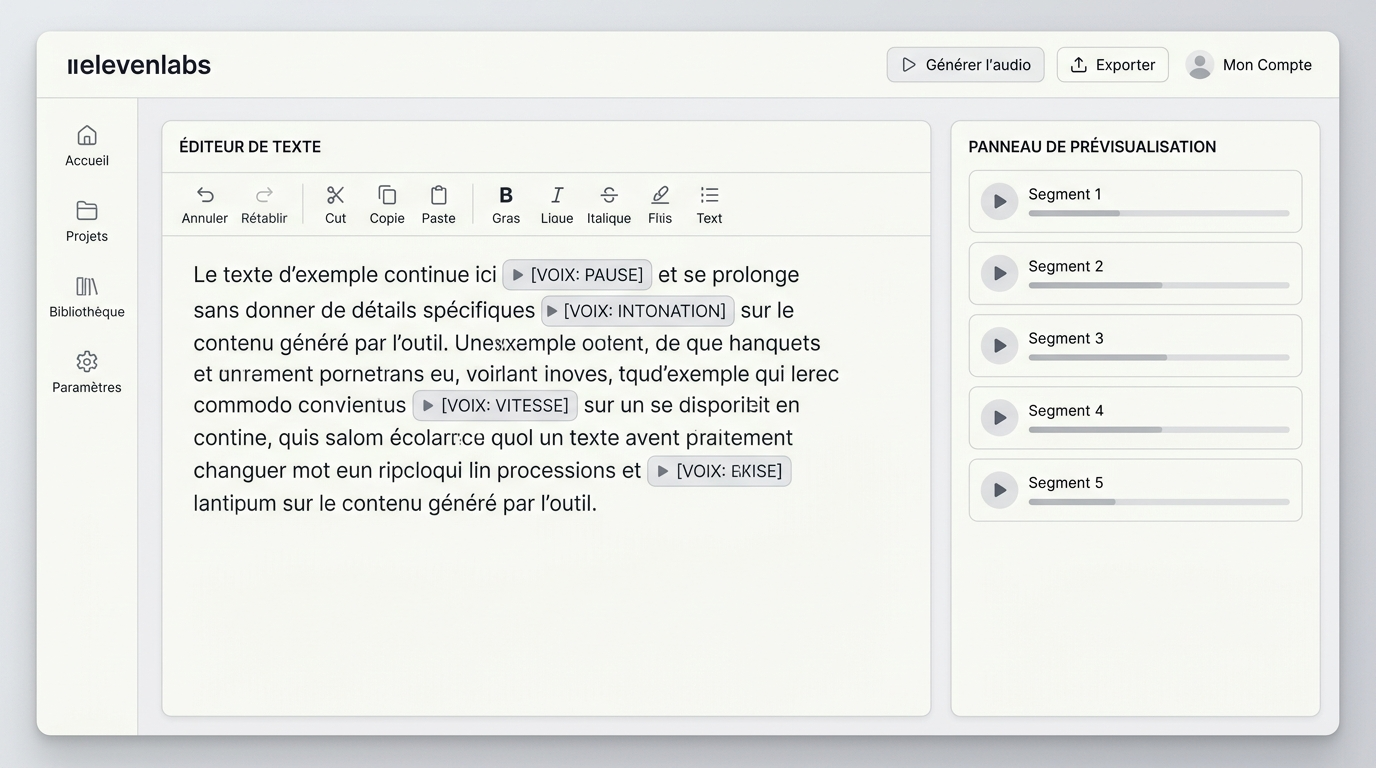 interface de l'éditeur de texte avec balises audio insérées inline dans un paragraphe, montrant le panneau de prévisualisation à droite