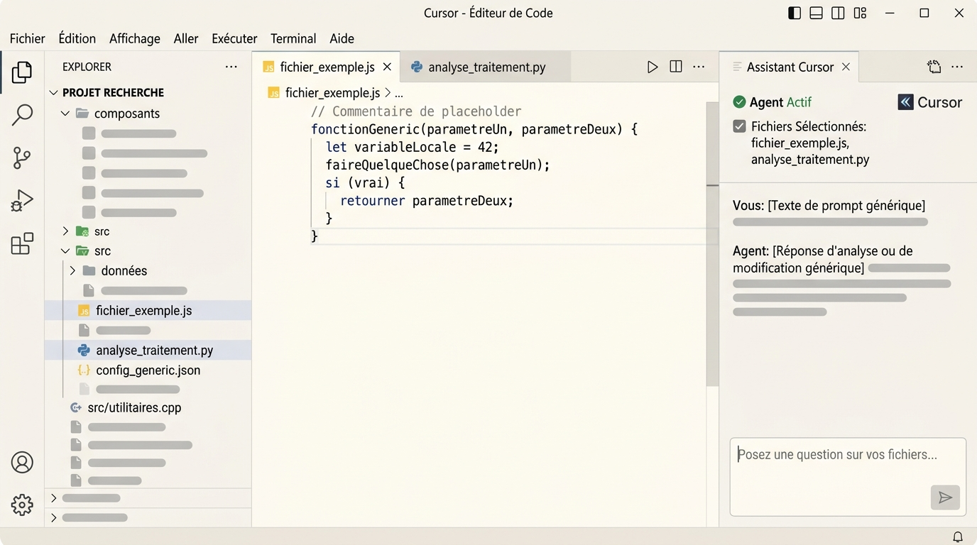 éditeur Cursor ouvert sur un projet, l'Agent Mode actif sur quelques fichiers sélectionnés, interface VS Code reconnaissable avec le panneau de chat latéral