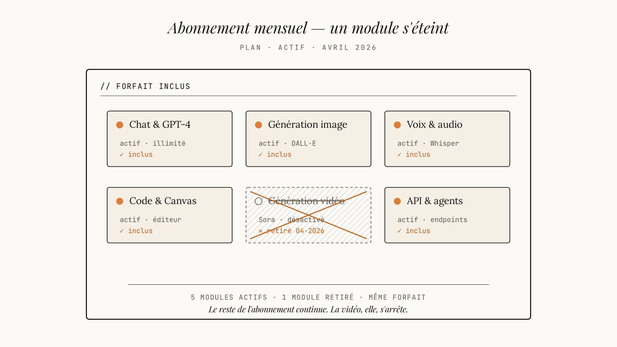 Diagramme d'un abonnement mensuel avec six modules dont un — génération vidéo Sora — grisé, hachuré et barré, les cinq autres restant actifs.
