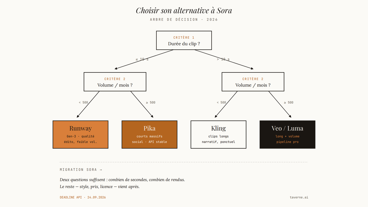 Arbre de décision à quatre feuilles orientant vers Runway, Pika, Kling ou Veo/Luma selon la durée du clip et le volume mensuel de génération.