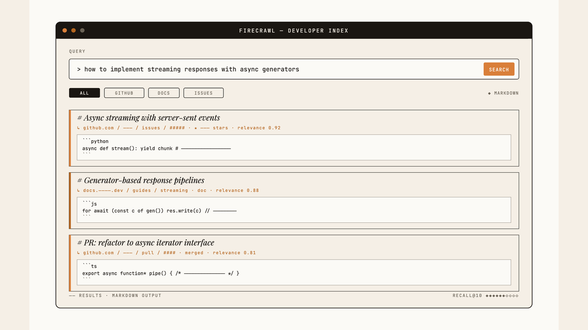 Maquette d'interface de recherche Firecrawl Developer Index affichant une requête technique et trois résultats structurés en Markdown avec extraits de code.