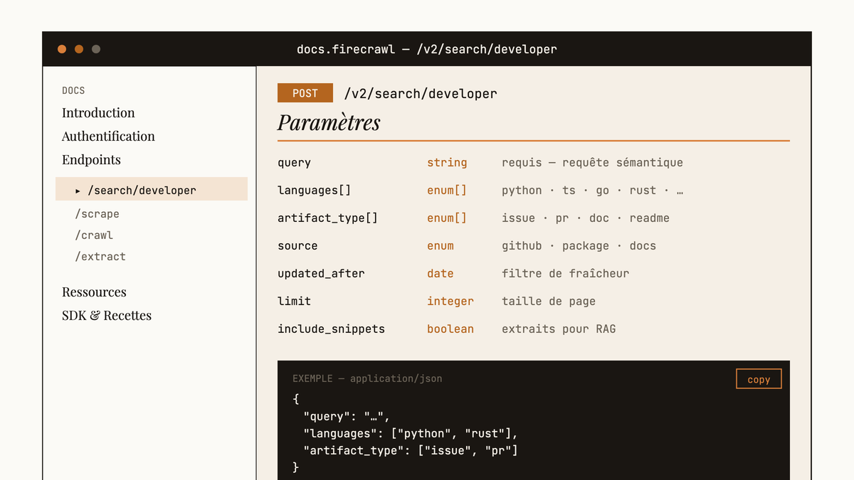 Maquette au trait d'une page de documentation de l'API Firecrawl montrant l'endpoint /v2/search/developer avec ses paramètres de filtrage par langage et type d'artéfact.