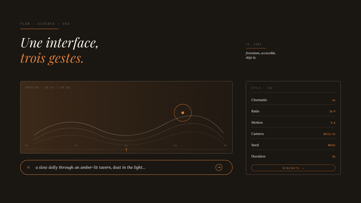 Maquette éditoriale au trait d'une interface de génération vidéo IA Flow : barre de prompt centrale, prévisualisation d'un clip en rendu et panneau latéral de contrôles stylistiques Veo.