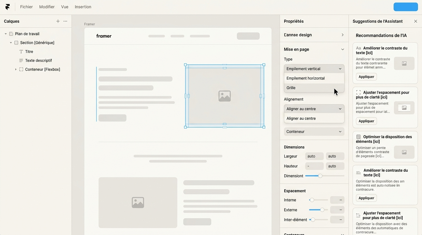 interface d'un agent Framer après une itération sur une section, avec des suggestions de modifications visibles dans un panneau latéral et l'utilisateur qui ajuste les paramètres de contrainte de mise en page