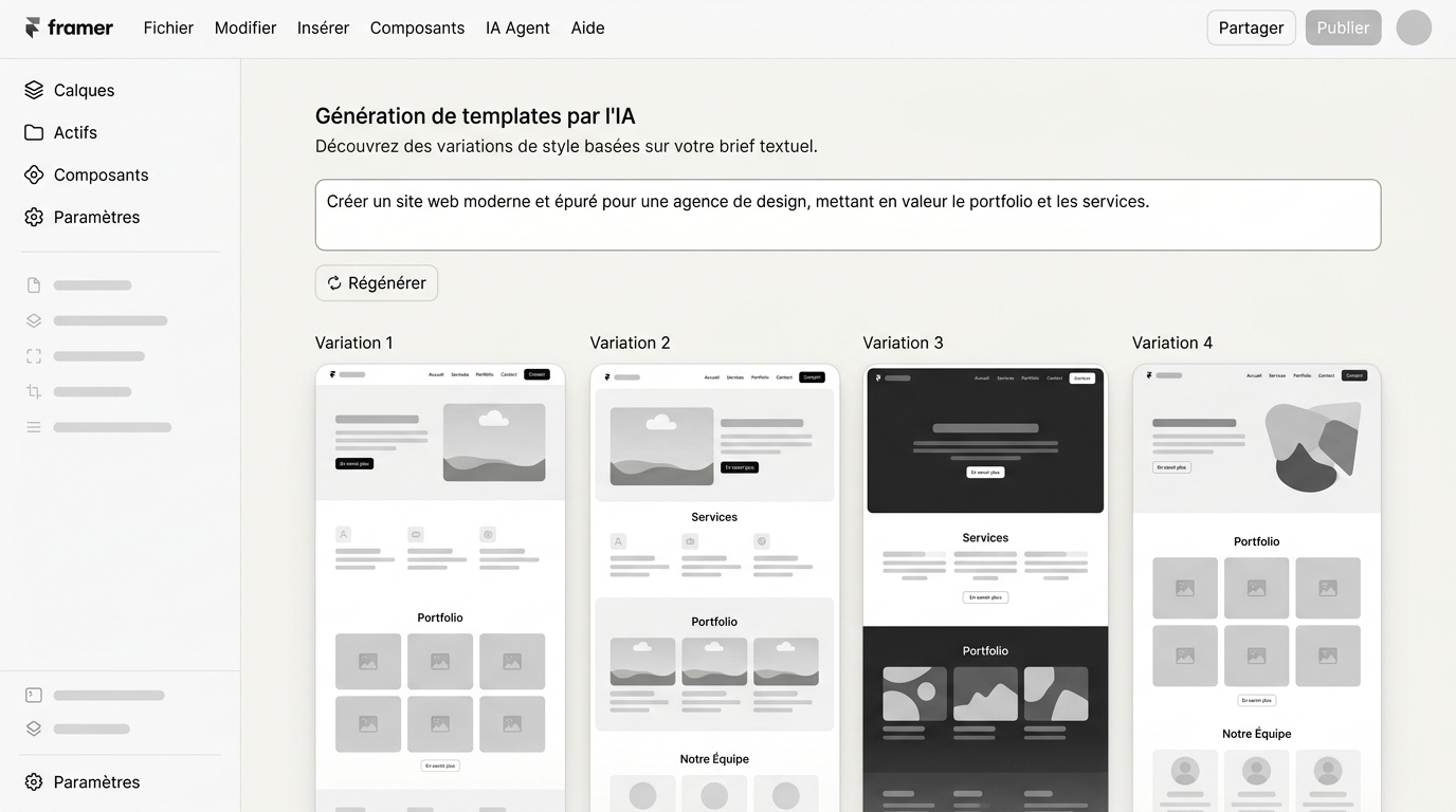 vue de plusieurs templates générés par l'agent IA présentés en mosaïque dans l'interface Framer, chacun montrant des variations de style pour un même brief textuel