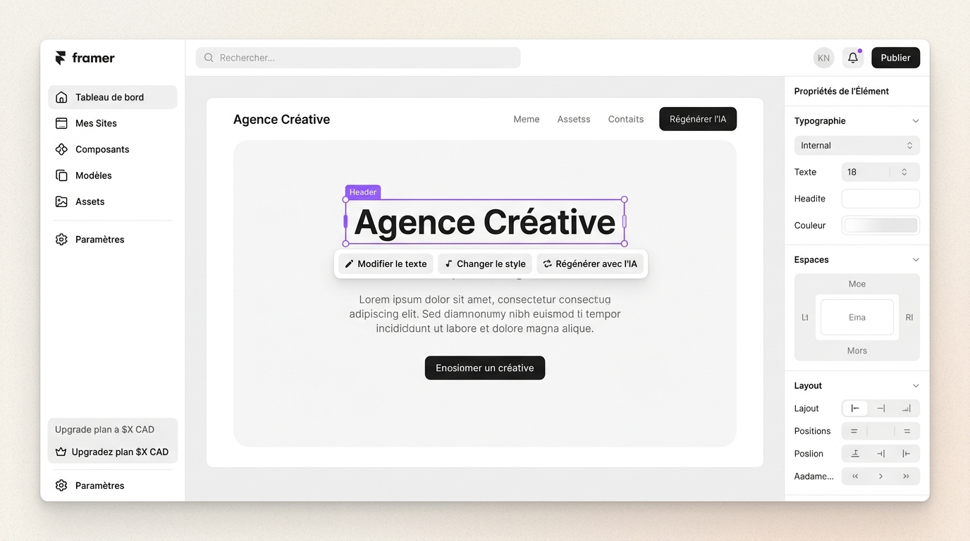 tableau de bord Framer montrant un site généré par IA avec des options d'édition visuelle activées, illustrant comment l'utilisateur peut intervenir sur les éléments après la génération automatique