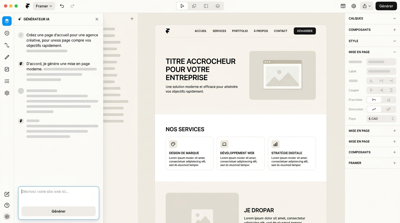 interface de l'éditeur Framer avec un panneau de chat IA ouvert à gauche et un site web généré automatiquement visible à droite, montrant une page d'accueil complète avec navigation, hero section et contenu structuré
